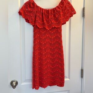Chic Off-Shoulder Crochet Lace Mini Dress in Red